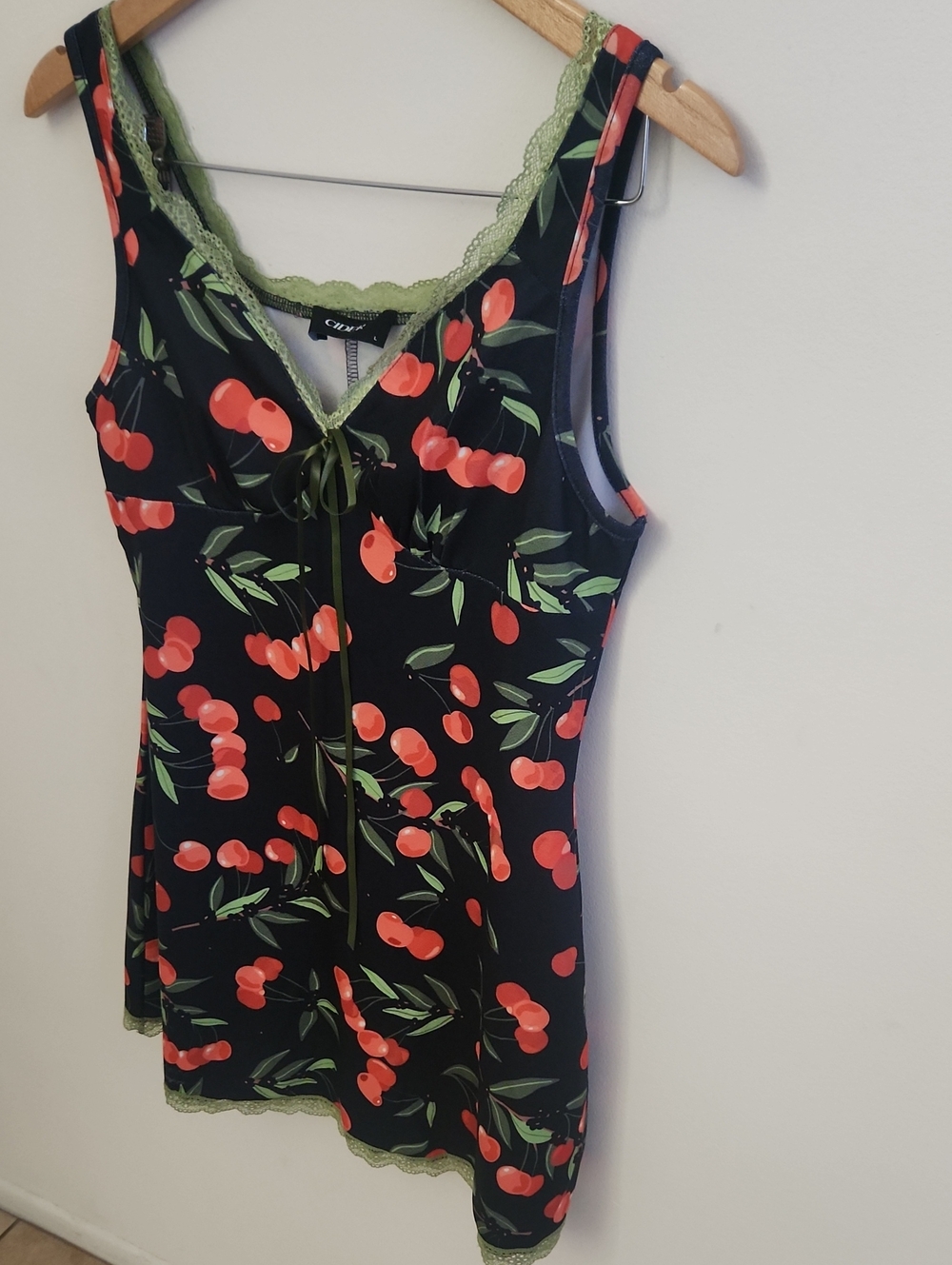 Cider Black Cherry Print Tank Dress Olive Lace Large Fruit Vacation - Picture 5 of 7